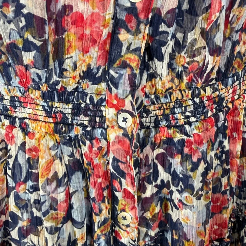 Sundance Floral Cupro Midi Dress Blue Red‎ Smocked Waist Short Sleeve Womens L